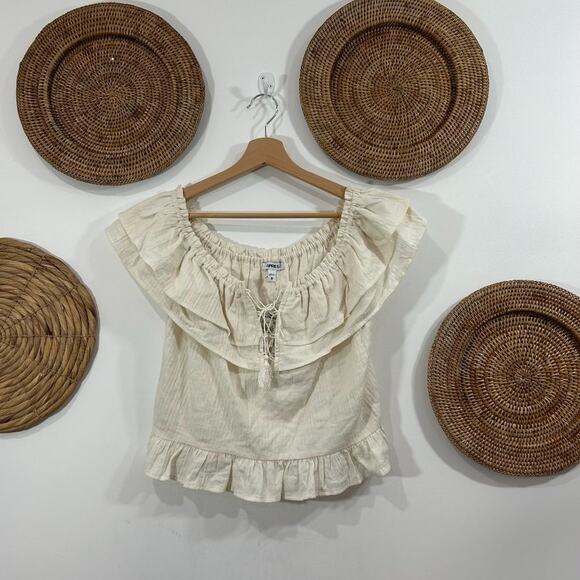 NEW Express Neutral Cream Tie Ruffle Off Shoulder Cropped Top Crop Top Medium - Picture 1 of 5